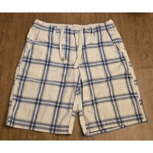 Aeropostale Men's Flat Front Shorts 36 Plaid Blue White Drawstring Zipper